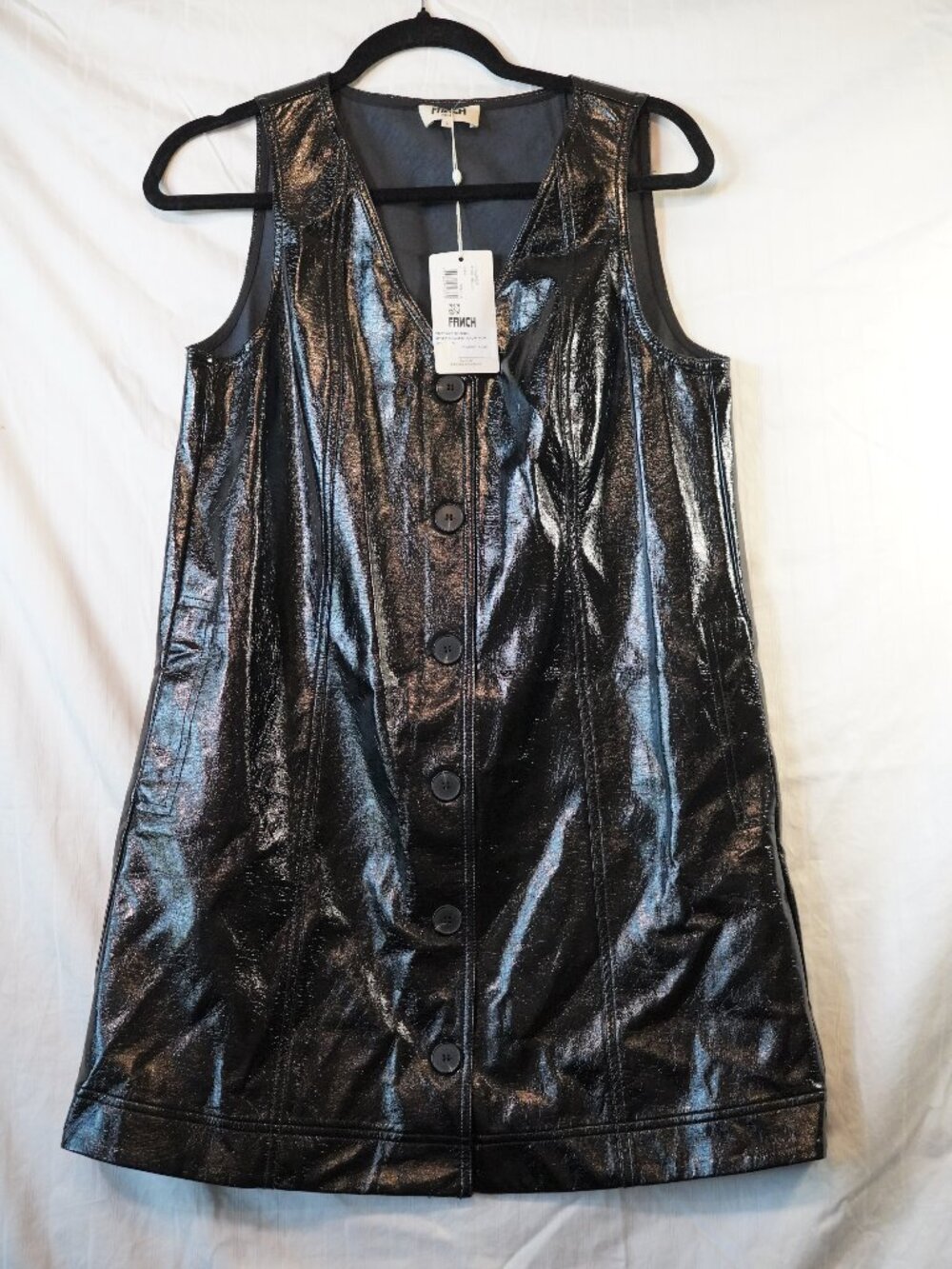 FRNCH Paris Robe Millet Shiny Faux Leather Button Front Mini Dress Black S NWT